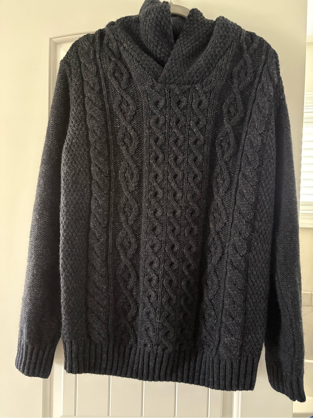 Paolo Mondo Wool Blend Cable Knit Sweater Mens LARGE Blue Shawl Collar Italy